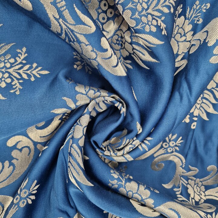 Tecido de Damasco Valência Azul e Prata com Lurex e Fibras Naturais