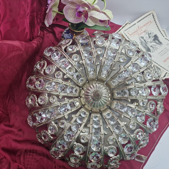 Vintage Plafondlamp, Verzilverd Messing en Kristal Plafonnier, Kroonluchter Retro, 3 Lichtpunten E27, Verlichting voor Woonkamer