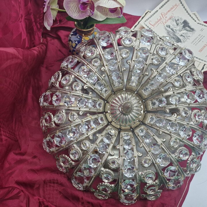 Vintage Ceiling Light, Flush Mount Chandelier, Silver Plated Brass and Crystal Plafonnier, 3 E27 Lights, Mid-Century Style Lamp 