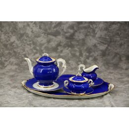 Zabytkowy Serwis do Herbaty z Kobaltowej Porcelany Furstenberg Owalna Taca Dzbanek Cukiernica Mlecznik Spodek Rokoko Koniec XIX 