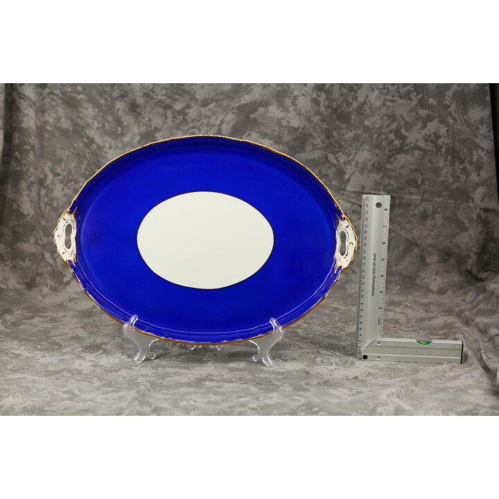 Antique Furstenberg Cobalt Blue Porcelain Tea Set with Oval Tray Teapot Sugar Bowl Creamer Saucer Rococo Revival Gilded Late 19t