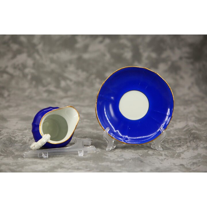Juego de Té Antiguo de Porcelana Furstenberg Azul Cobalto Bandeja Ovalada Tetera Azucarera Lechera y Platillo Dorado Rococo Sigl