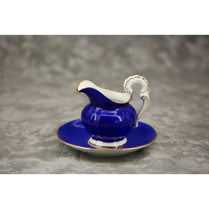 Juego de Té Antiguo de Porcelana Furstenberg Azul Cobalto Bandeja Ovalada Tetera Azucarera Lechera y Platillo Dorado Rococo Sigl