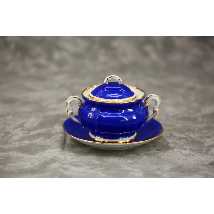 Juego de Té Antiguo de Porcelana Furstenberg Azul Cobalto Bandeja Ovalada Tetera Azucarera Lechera y Platillo Dorado Rococo Sigl