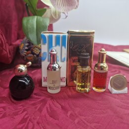 Set of 4 Moschino Vintage Miniature Perfume Bottles Eau de Toilette Collection with Boxes 1980s and 1990s