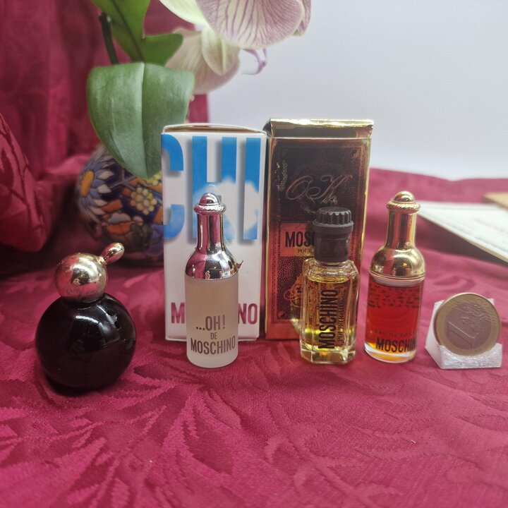 Set of 4 Moschino Vintage Miniature Perfume Bottles Eau de Toilette Collection with Boxes 1980s and 1990s
