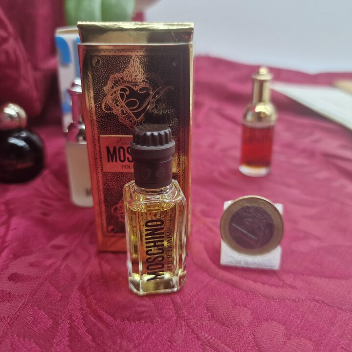 Set of 4 Moschino Vintage Miniature Perfume Bottles Eau de Toilette Collection with Boxes 1980s and 1990s