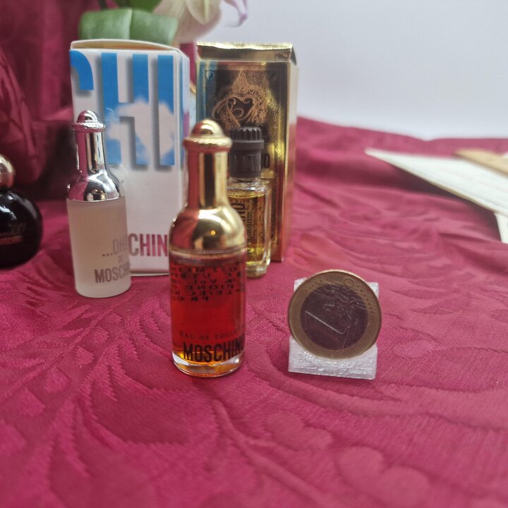 Set of 4 Moschino Vintage Miniature Perfume Bottles Eau de Toilette Collection with Boxes 1980s and 1990s