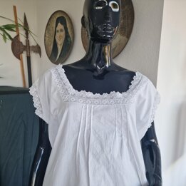 Camison Vintage de Algodon Blanco, Camisa de Dormir Antigua Hecha a Mano con Encaje, Cierre de Boton en Hombro, Talla L XL
