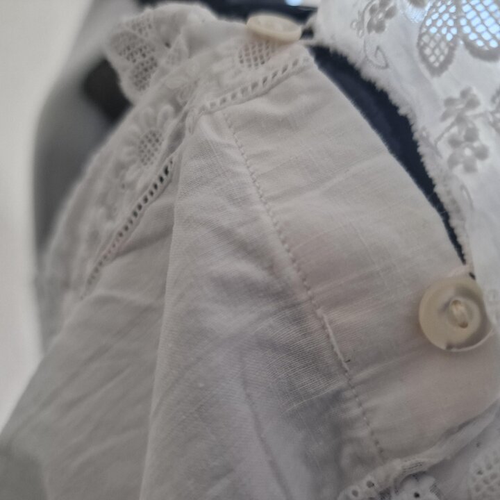 Vintage White Cotton Nightgown Nightdress, Antique Handmade Chemise Lingerie with Floral Lace, Shoulder Button Closure, Size L X
