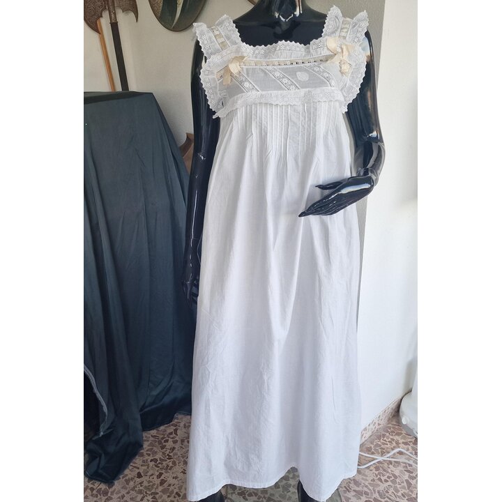 Edwardian Nightgown Antique Nightdress 1900s White Cotton Lace Embroidered Monogram M Handmade Maxi Undergarment Size S Chest 84
