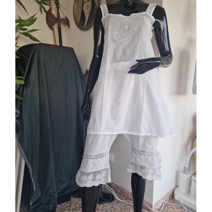 Ensemble Lingerie Vintage en Batiste Chemise et Pantalon, Style Édouardien Coton Blanc Dentelle, Poitrine 88 cm, Pantalons