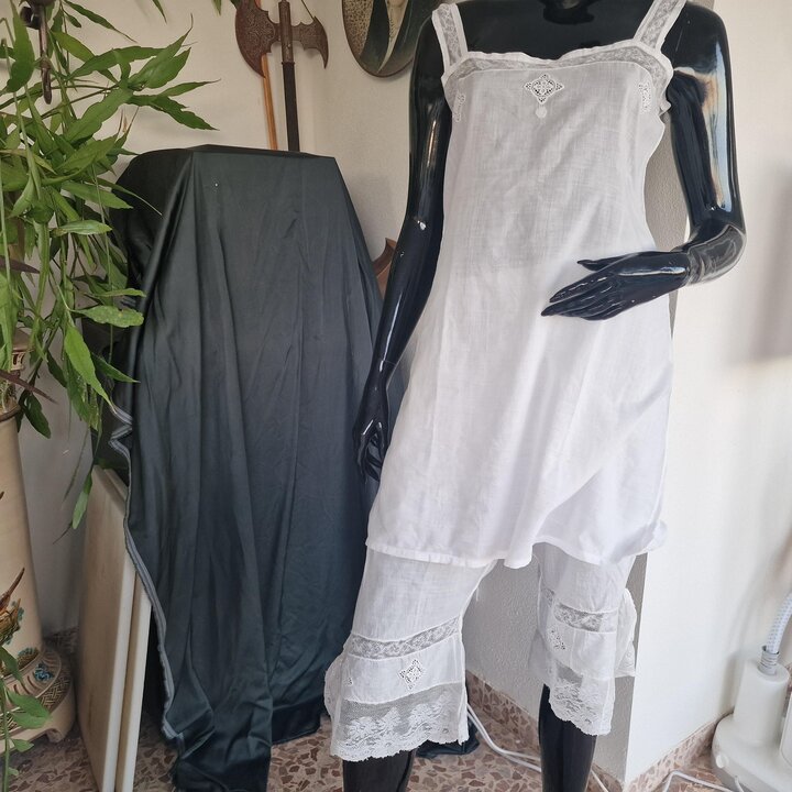 Ensemble Lingerie Vintage en Batiste Chemise et Pantalon, Style Édouardien Coton Blanc Dentelle, Poitrine 88 cm, Pantalons