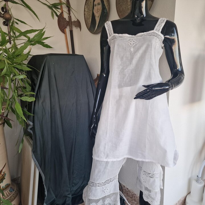 Ensemble Lingerie Vintage en Batiste Chemise et Pantalon, Style Édouardien Coton Blanc Dentelle, Poitrine 88 cm, Pantalons