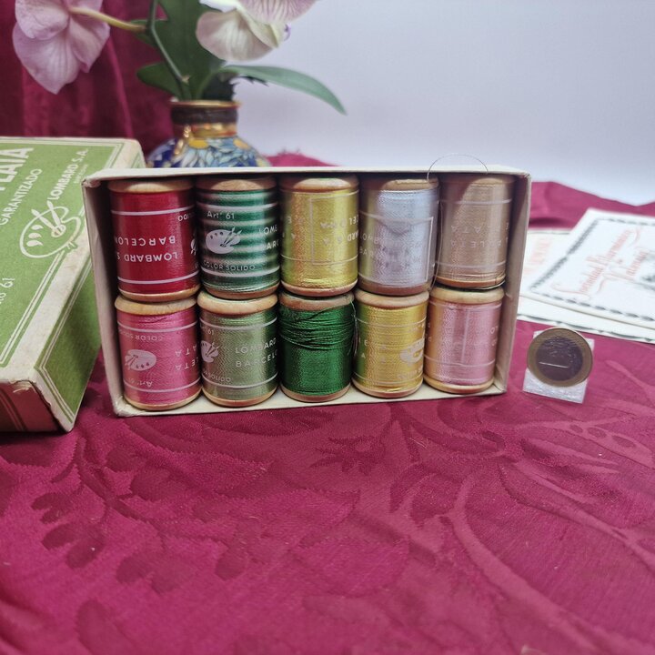 Fil de Rayonne Vintage, Lombard Barcelone La Paleta de Plata, Boite de 10 Bobines en Bois, Mercerie Ancienne Espagne