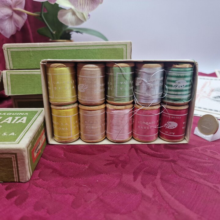 Fil de Rayonne Vintage, Lombard Barcelone La Paleta de Plata, Boite de 10 Bobines en Bois, Mercerie Ancienne Espagne