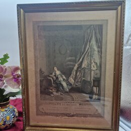 Gravure Ancienne Francaise Le Boudoir Pierre Maleuvre d apres Freudenberger, Estampe Rococo Cadre sous Verre 1774, Art de Cabine