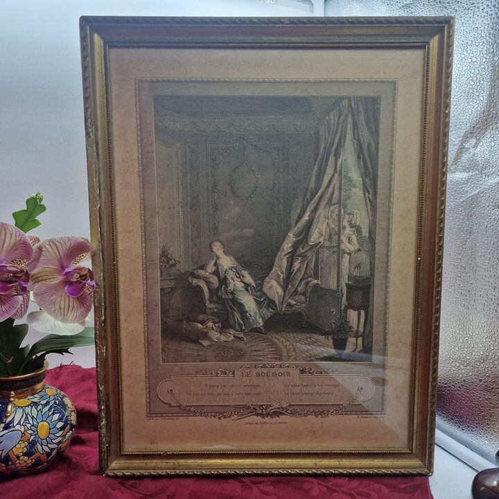 Antique French Engraving Le Boudoir Pierre Maleuvre after Sigmund Freudenberger, Framed Rococo Print under Glass 1774, Cabinet D