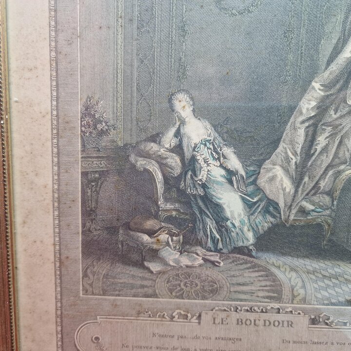 Antieke Franse Gravure Le Boudoir Pierre Maleuvre naar Freudenberger, Ingelijste Rococo Prent onder Glas 1774, Kabinet Decoratie