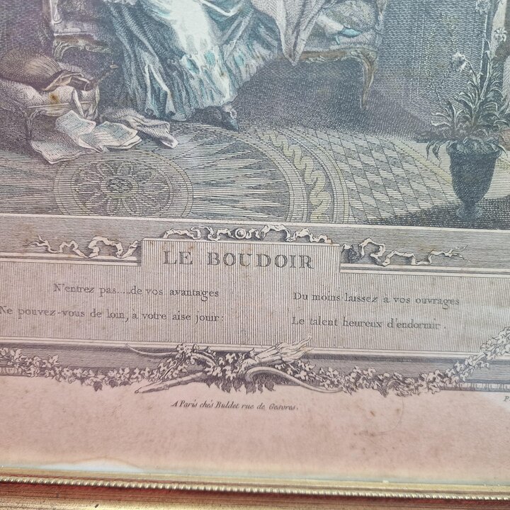 Antique French Engraving Le Boudoir Pierre Maleuvre after Sigmund Freudenberger, Framed Rococo Print under Glass 1774, Cabinet D