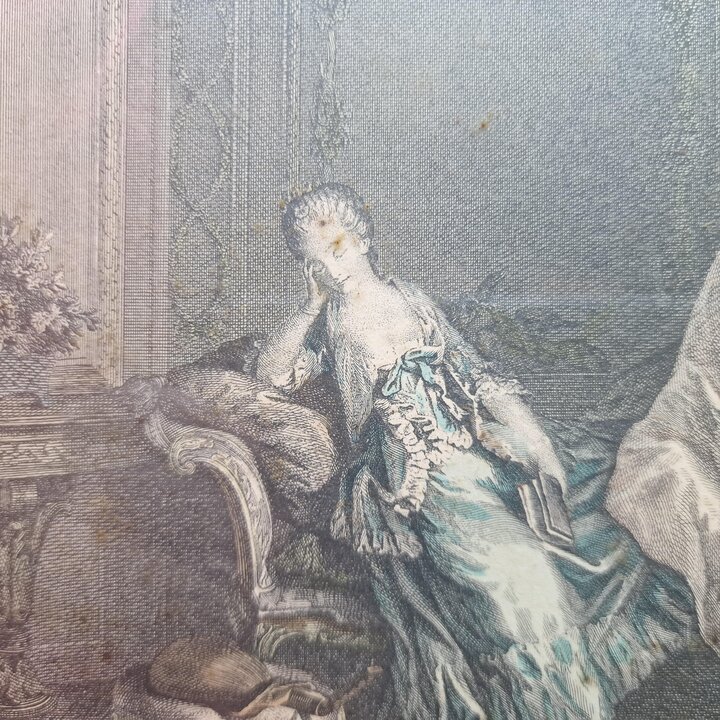 Antique French Engraving Le Boudoir Pierre Maleuvre after Sigmund Freudenberger, Framed Rococo Print under Glass 1774, Cabinet D