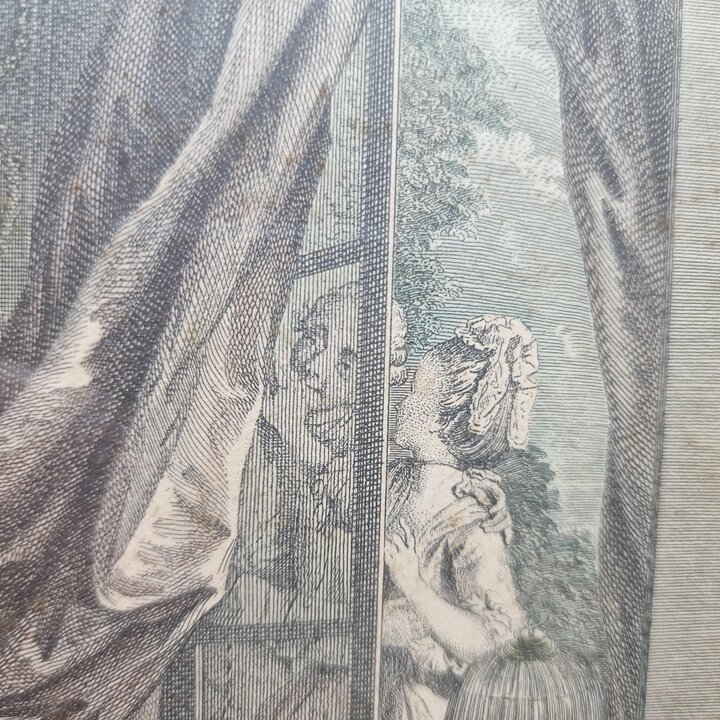 Gravure Ancienne Francaise Le Boudoir Pierre Maleuvre d apres Freudenberger, Estampe Rococo Cadre sous Verre 1774, Art de Cabine