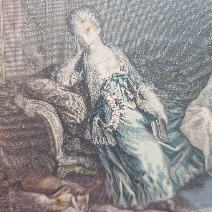 Antieke Franse Gravure Le Boudoir Pierre Maleuvre naar Freudenberger, Ingelijste Rococo Prent onder Glas 1774, Kabinet Decoratie