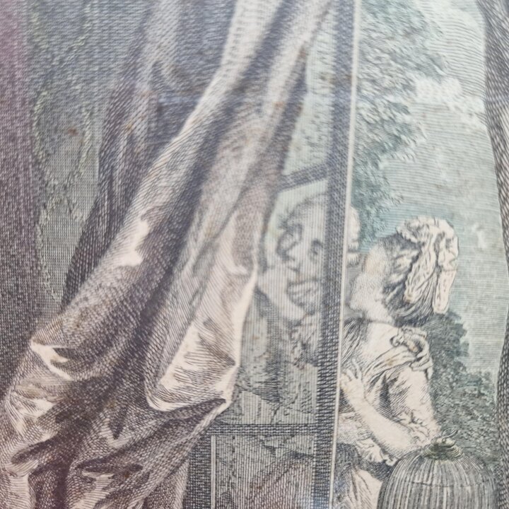 Stary miedzioryt francuski Le Boudoir Pierre Maleuvre wedlug Freudenbergera, Rycina rokoko w ramie pod szklem 1774, Sztuka gabin
