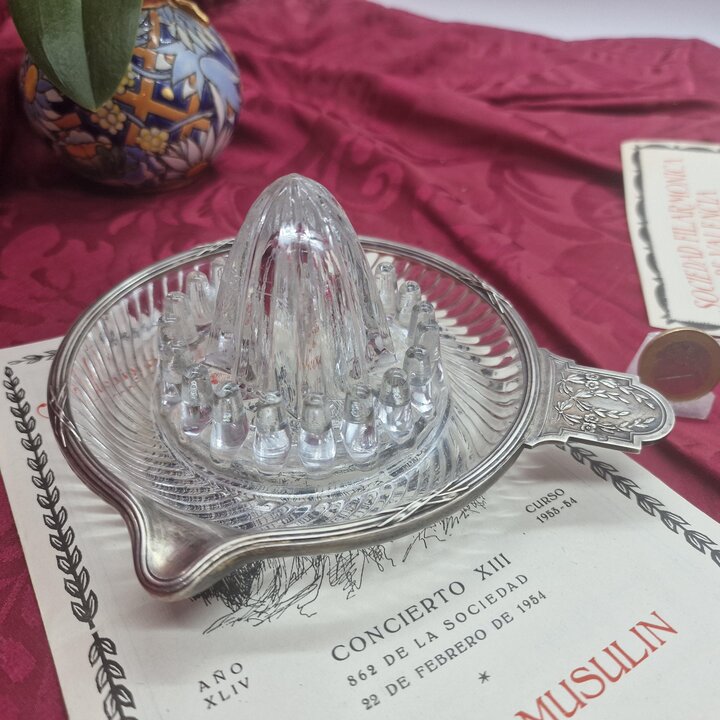 Antique Citrus Squeezer Lemon Reamer, Robert Linzeler Paris, Uranium Glass Silver Plated Mount, Belle Epoque France