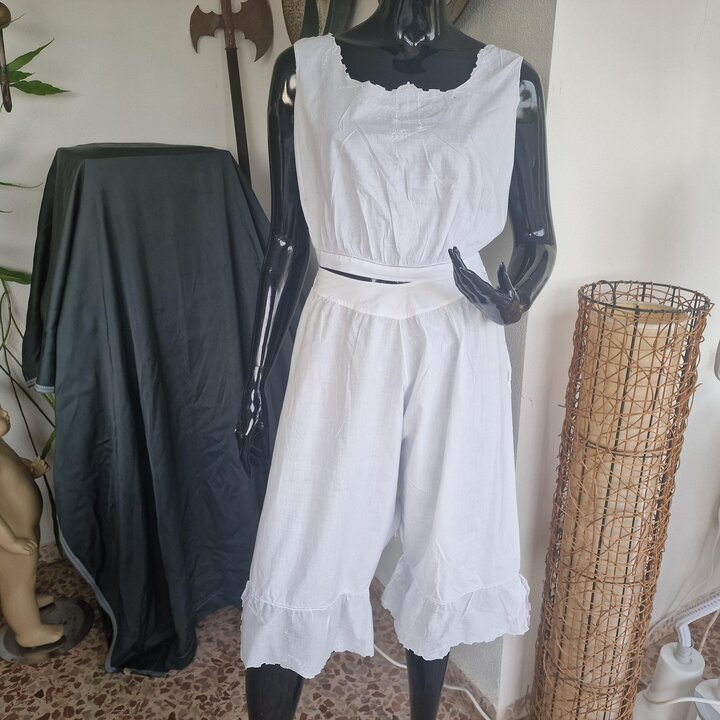 Batiste Lingerie Set Bloomers Camisole 1920s Antique White Cotton Monogram Drawstring Waist Size M Bust 94 cm Art Deco