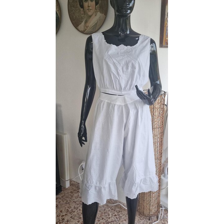 Batiste Lingerie Set Bloomers Camisole 1920s Antique White Cotton Monogram Drawstring Waist Size M Bust 94 cm Art Deco