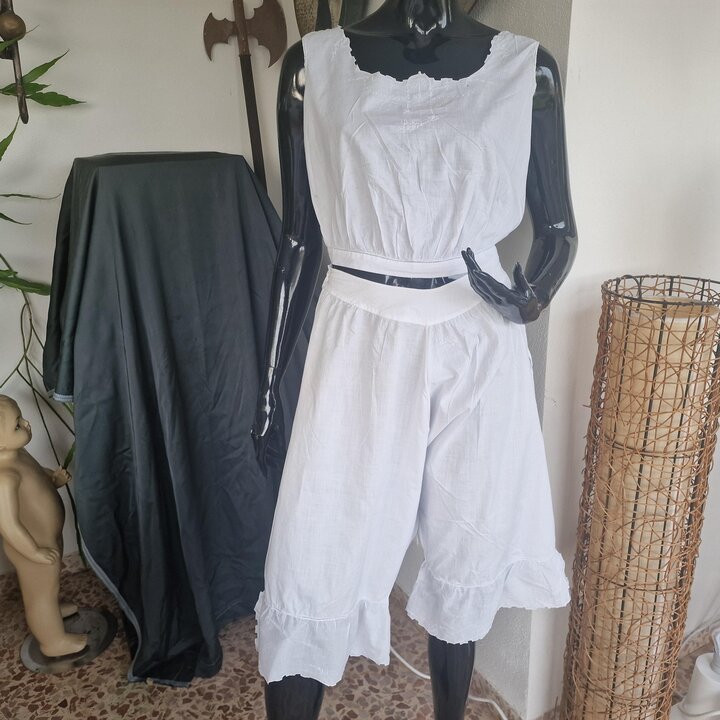 Batiste Lingerie Set Bloomers Camisole 1920s Antique White Cotton Monogram Drawstring Waist Size M Bust 94 cm Art Deco