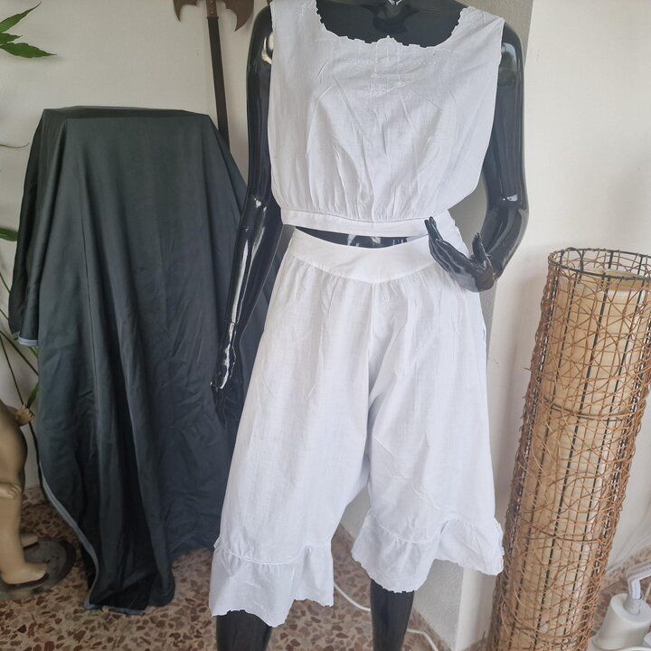 Batiste Lingerie Set Bloomers Camisole 1920s Antique White Cotton Monogram Drawstring Waist Size M Bust 94 cm Art Deco