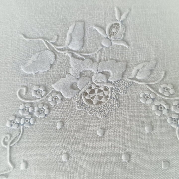 Vintage Linen Bedding Set, Calasanz Barcelona Hand Embroidered Sheet and 2 Pillowcases, Belgian Lace, Trousseau, 1st Half 20th C
