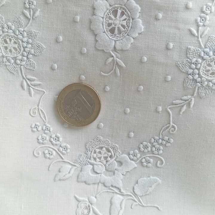 Juego de Cama de Lino Calasanz Barcelona Sabana y 2 Fundas Bordado a Mano, Encaje Belga, Ajuar Vintage, 1 Mitad del Siglo XX