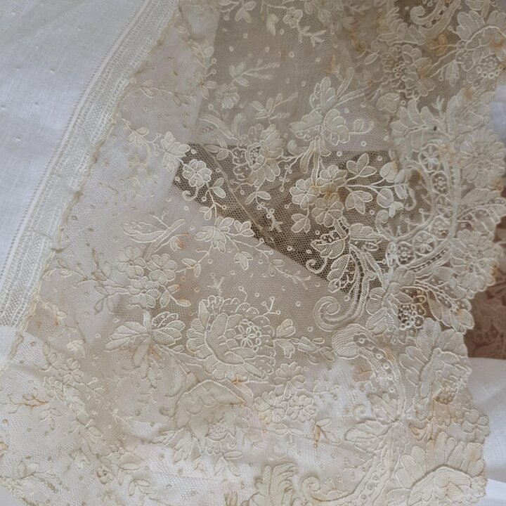 Parure de Lit Ancienne Drap et Taies en Lin Calasanz Marti Barcelone, Broderie Main et Dentelle de Bruxelles, Trousseau 225x300c