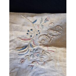 Antikes Leinen Handtuch Jacquard, Handgesticktes Aussteuer Laken mit Makramee Fransen, Handtuch Anfang 20. Jahrhundert - 190x64 