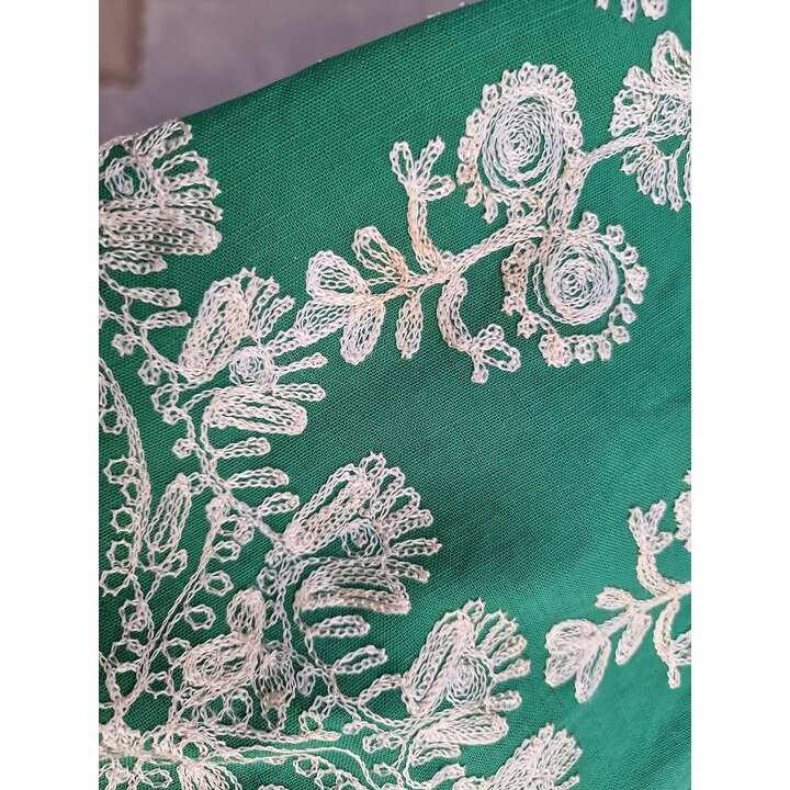 Mantel Antiguo Bordado a Mano, Tapiz de Algodón Verde, Bordado de Tambor Cadeneta Suzani 140x140 cm, Decoración Vintage Siglo XX
