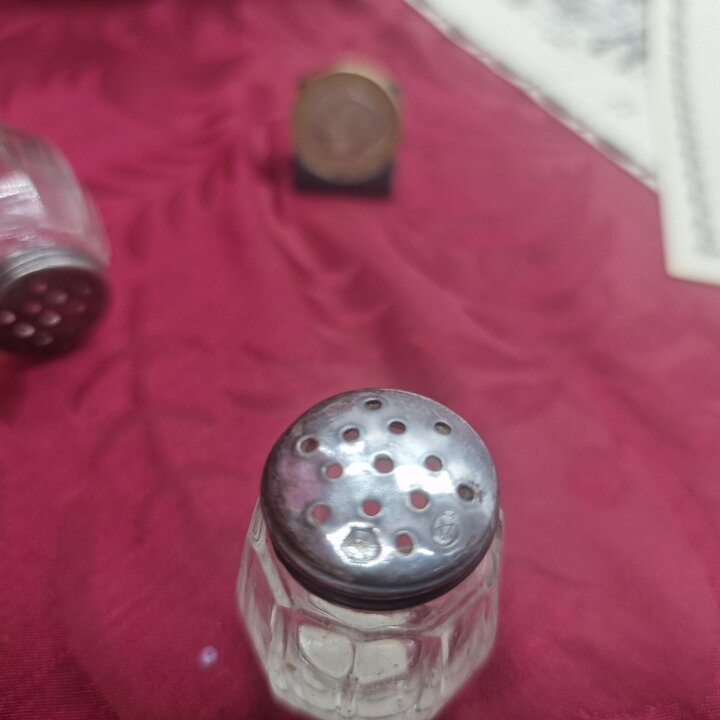 Pair of Individual Salt Shakers, Glass Spice Jars and 915 Sterling Silver Lids, Spain, Mid 20th Century, Set of 2 pieces