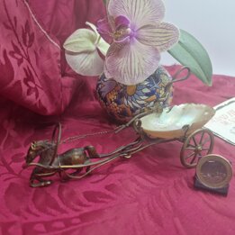 Antique Brass Horse Carriage, Palais Royal Style Miniature Chariot with Mother of Pearl Shell, Grand Tour Trinket Dish, Late 19t