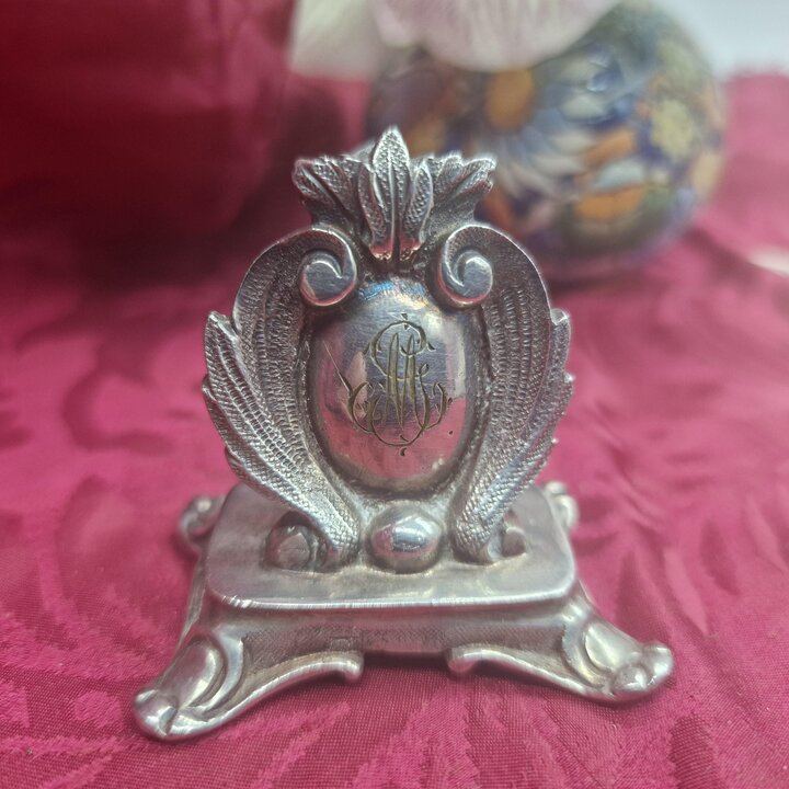 Antique Silver Plated Desktop Card Holder, Engraved MG Monogram Place Stand, Neo Baroque Desk Accessory for Study, Circa 1900