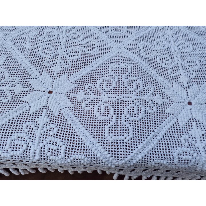 ヴィンテージ 手編み クロシェ ベッドカバー - 白 コットン レース マルチカバー、重い ブランケット 200x235cm - アンティーク レトロ ボヘミアン 寝室 デコレーション、1930年代 骨董