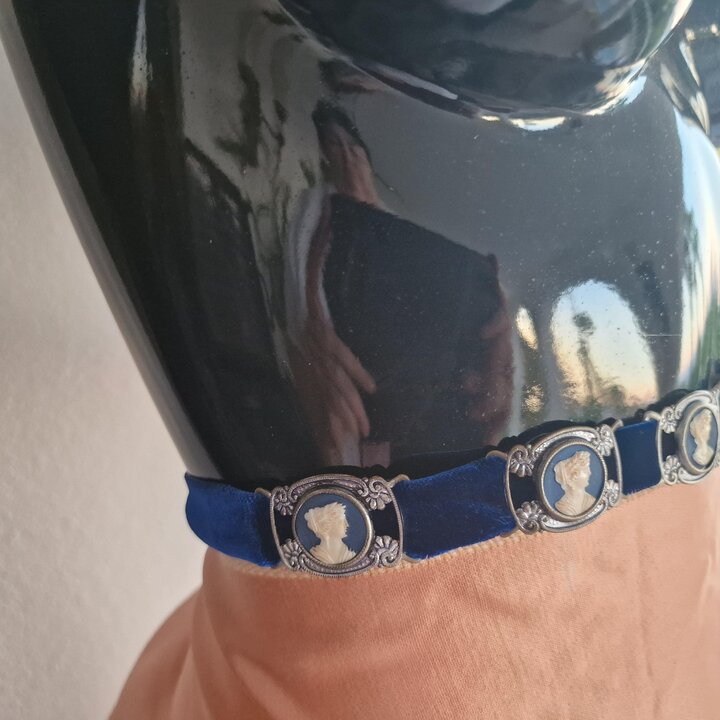 Vintage Cameo Velvet Belt and Choker Set, Victorian Revival Blue Velvet Collar and Belt with 10 Silver Plated Cameo Buckles, 197
