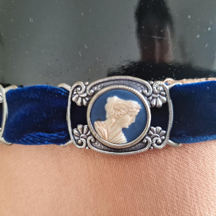 Vintage Cameo Velvet Belt and Choker Set, Victorian Revival Blue Velvet Collar and Belt with 10 Silver Plated Cameo Buckles, 197