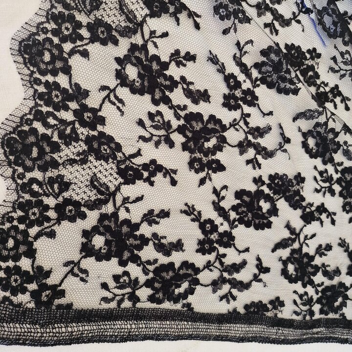 French Chantilly Lace Fabric Solstiss Black Floral Cotton Lace by the Meter 90 cm Width Vintage Haute Couture Sewing Lace Trim