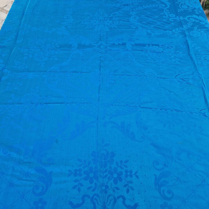 Couvre Lit Jacquard Vintage, Jeté de Lit Damas Bleu Soie Viscose, 220x240 cm, Textile Neuf Ancien, Première Moitié XXe Siècle