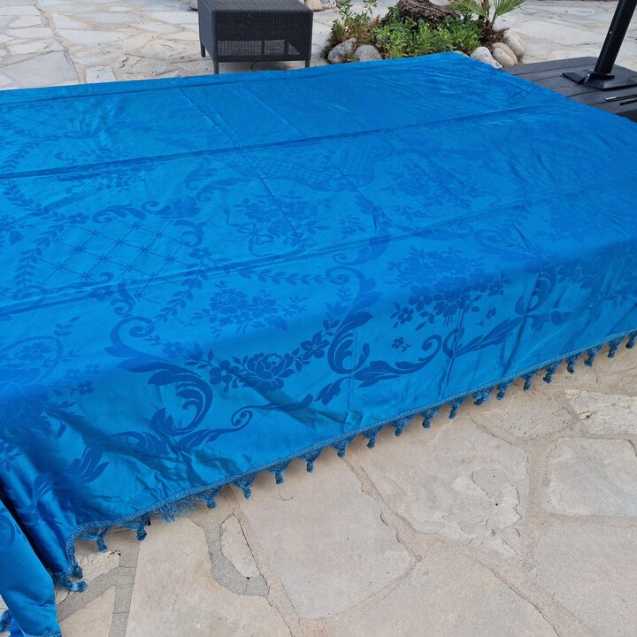 Couvre Lit Jacquard Vintage, Jeté de Lit Damas Bleu Soie Viscose, 220x240 cm, Textile Neuf Ancien, Première Moitié XXe Siècle
