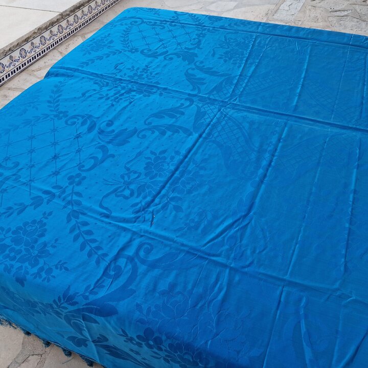 Vintage Jacquard Bedspread Coverlet, Blue Damask Silk Viscose Throw, 220x240 cm, Unused Deadstock Textile, First Half 20th Centu