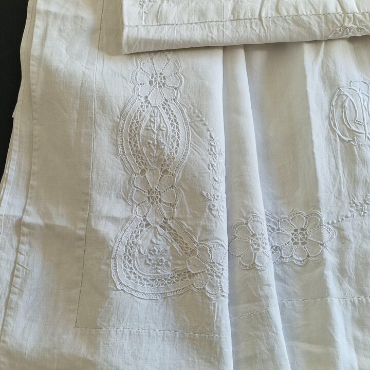 Antique Hand Embroidered Linen Bedding Set with Lace and Monogram