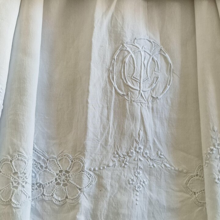 Antique Hand Embroidered Linen Bedding Set with Lace and Monogram